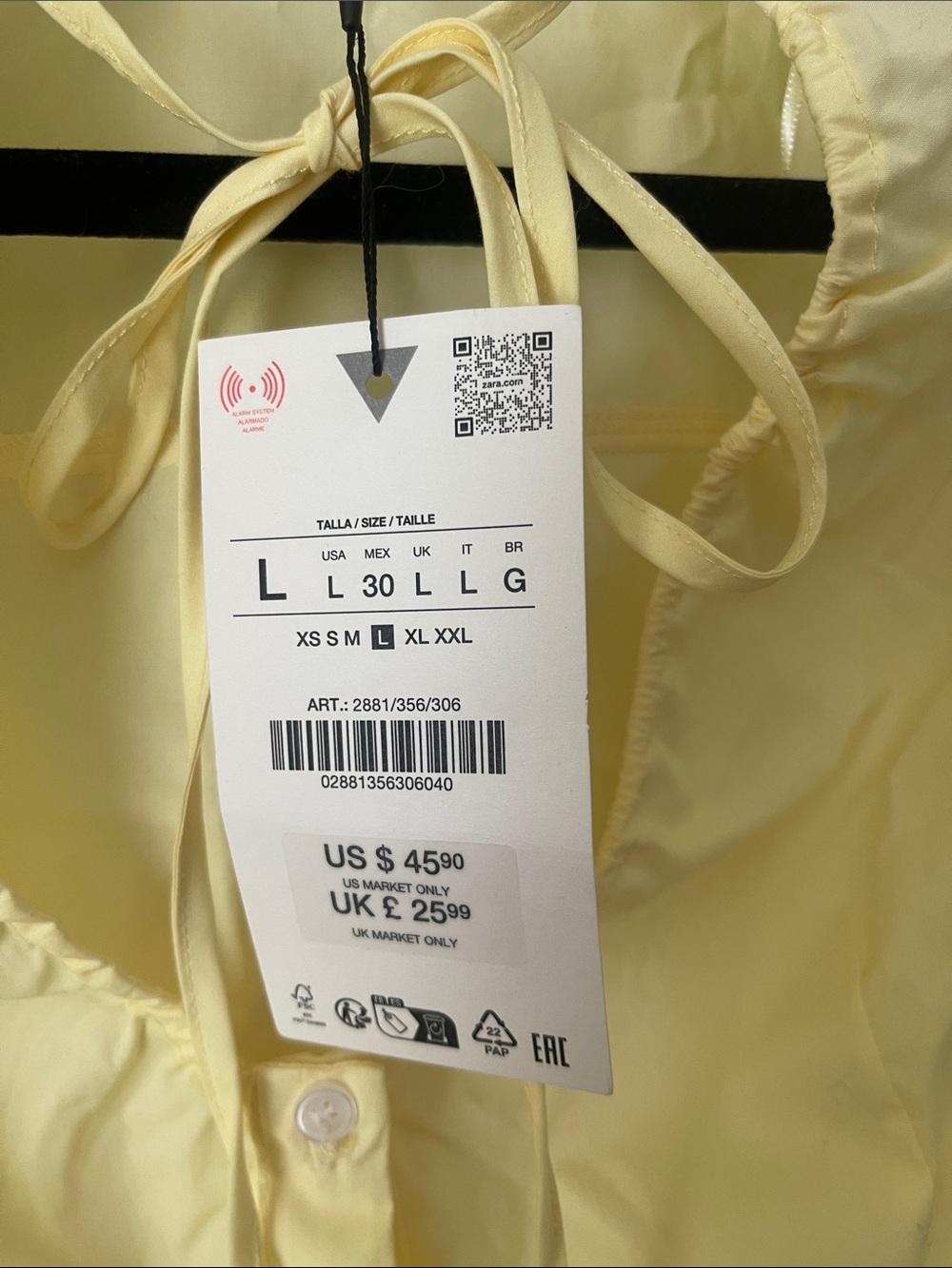 NWT Zara Yellow Tie-Neck Button Down Fitted Sweetheart Blouse - Picture 3 of 3